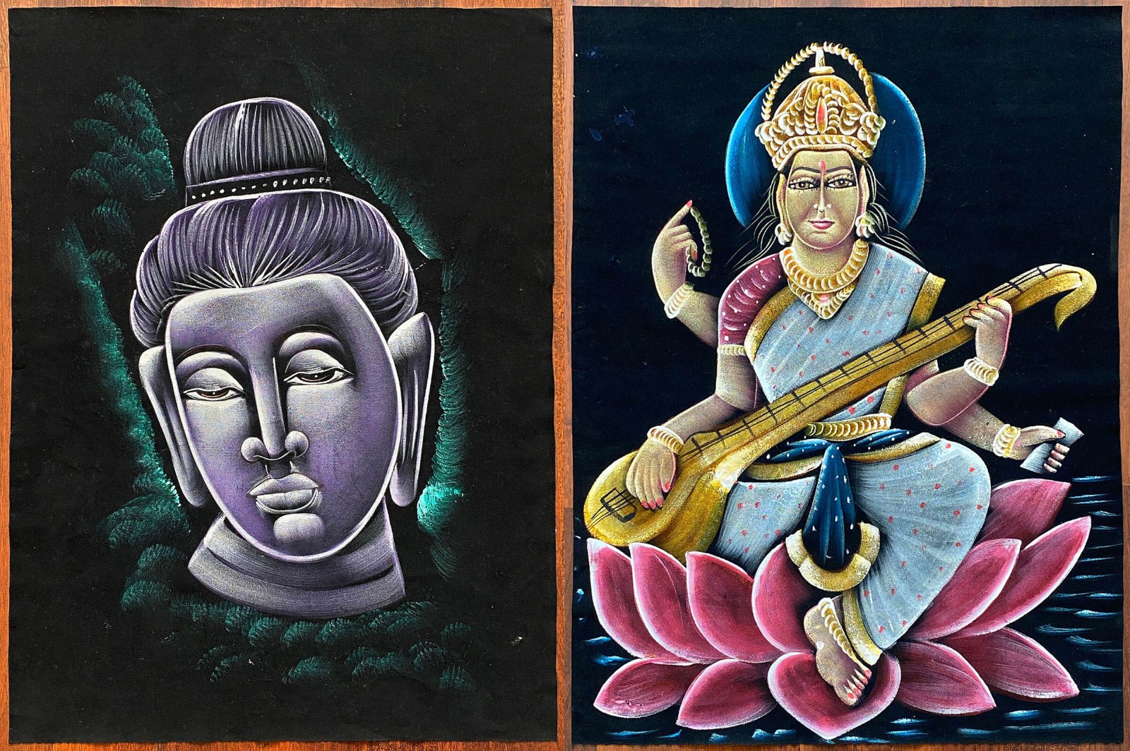 Indian Hand-Painted Velvet Paintings Buddha & Saraswati Original 20×27 Set of 2