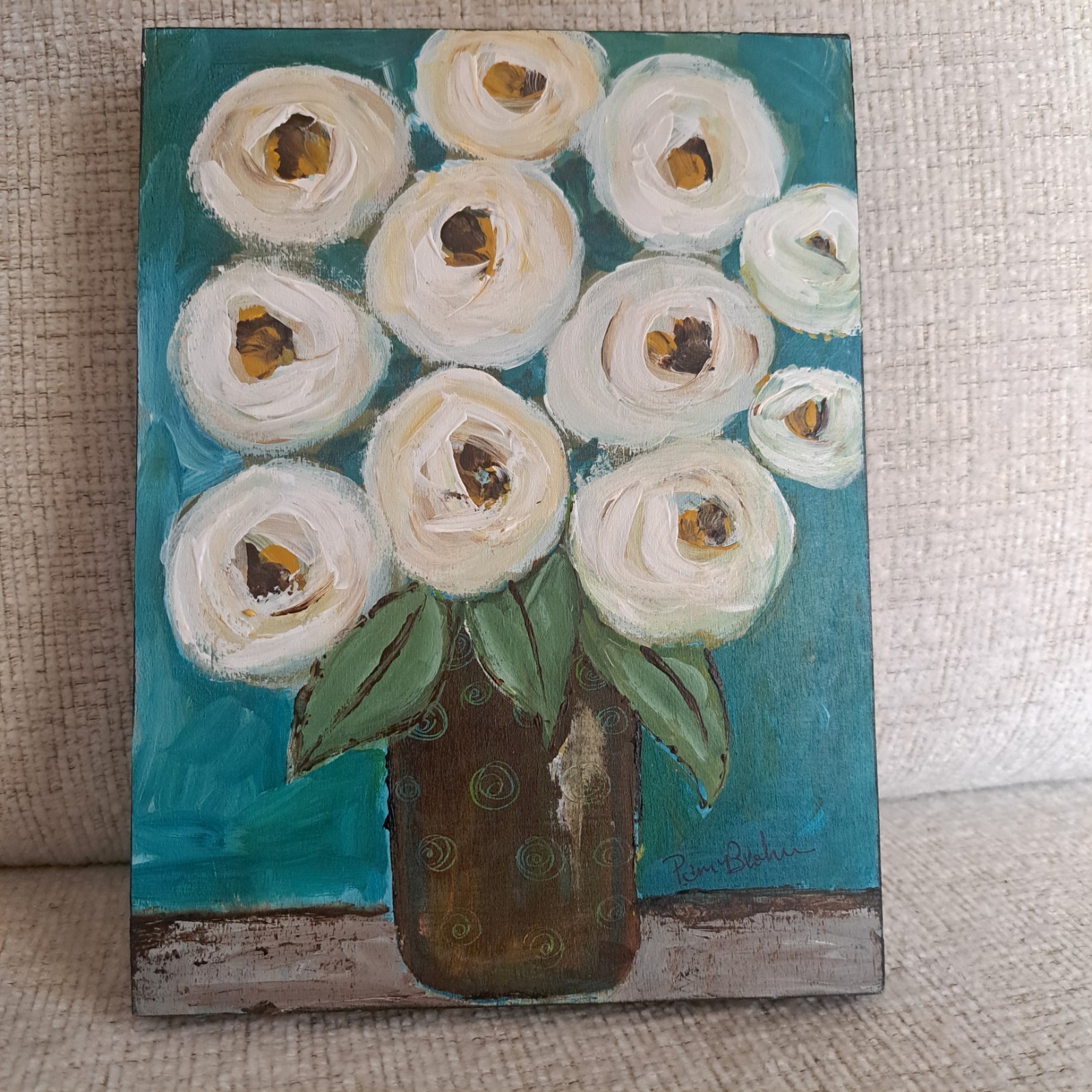 Original Acrylic Painting Vase of White Flowers on 6×8 » Birchwood Canvas
