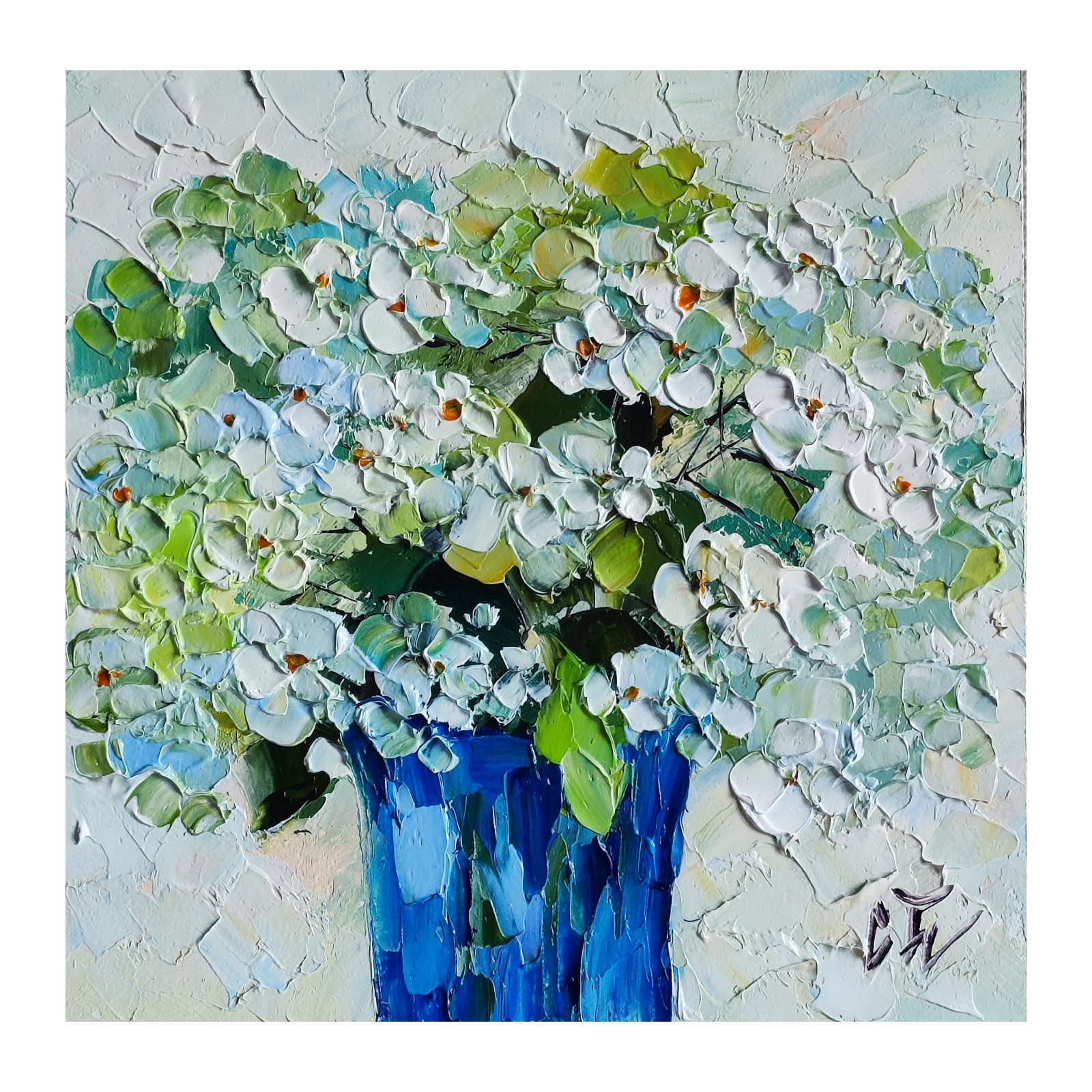 original oil painting Hydrangea white flowers artwork Floral wall art 6*6 in