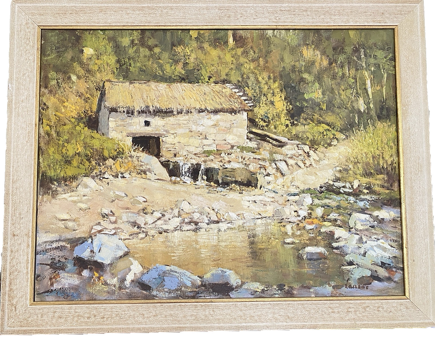 Vintage Original Oil Painting Desert Creek Cabin Signed Artwork 21.5″ x 28″