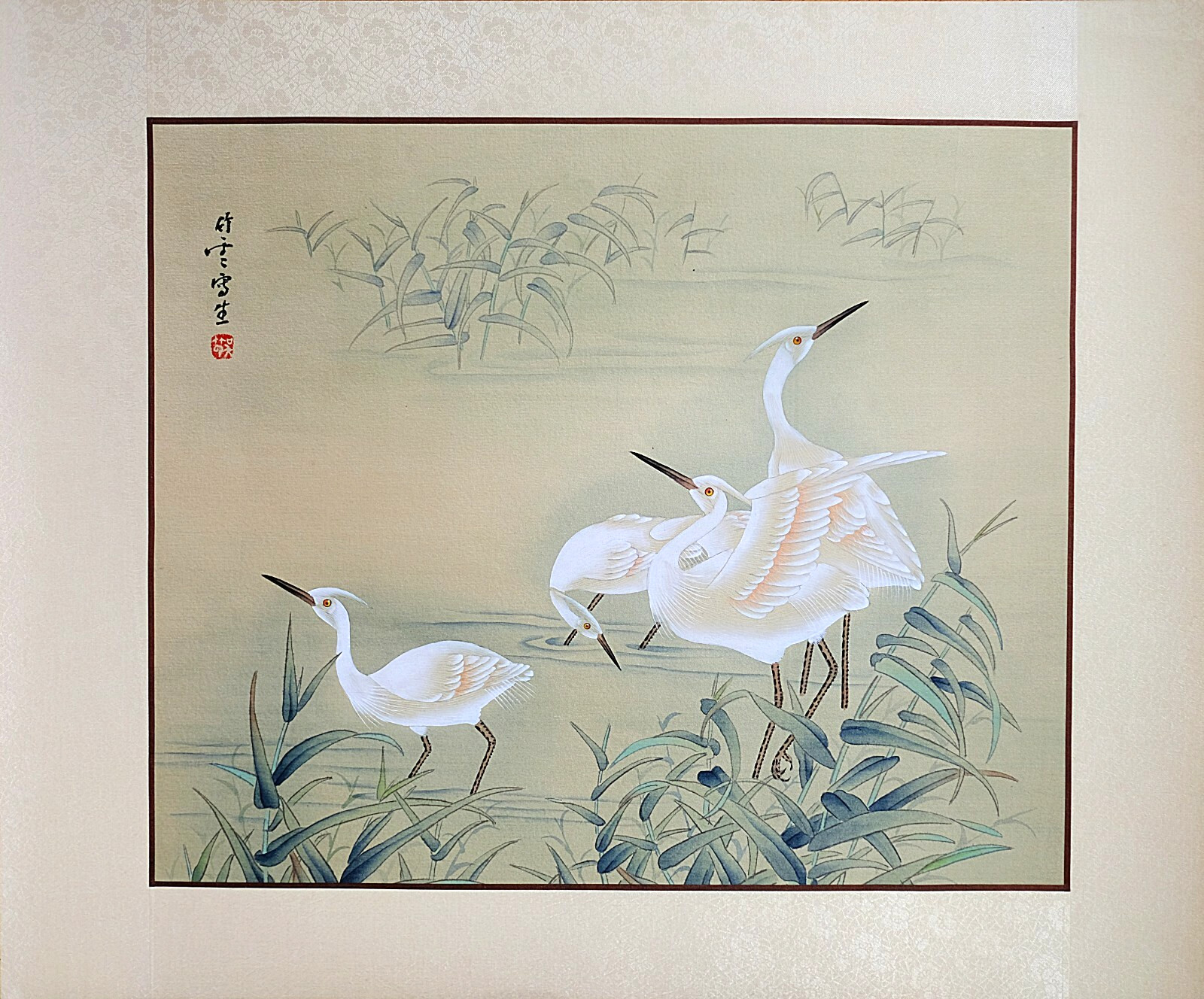 Vintage Asian Art, Blue Cranes Landscape, Signed Oriental Watercolor on Silk