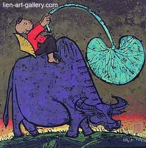 Tung Ngoc WATER BUFFALO BOY lithograph painting 40×40 born 1957 VUFA Argentina