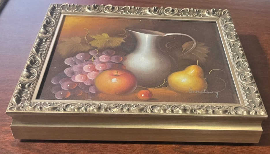 Vtg Still Life Fruit & Pitcher Oil Painting on Canvas – Ornate Gold Frame,Signed