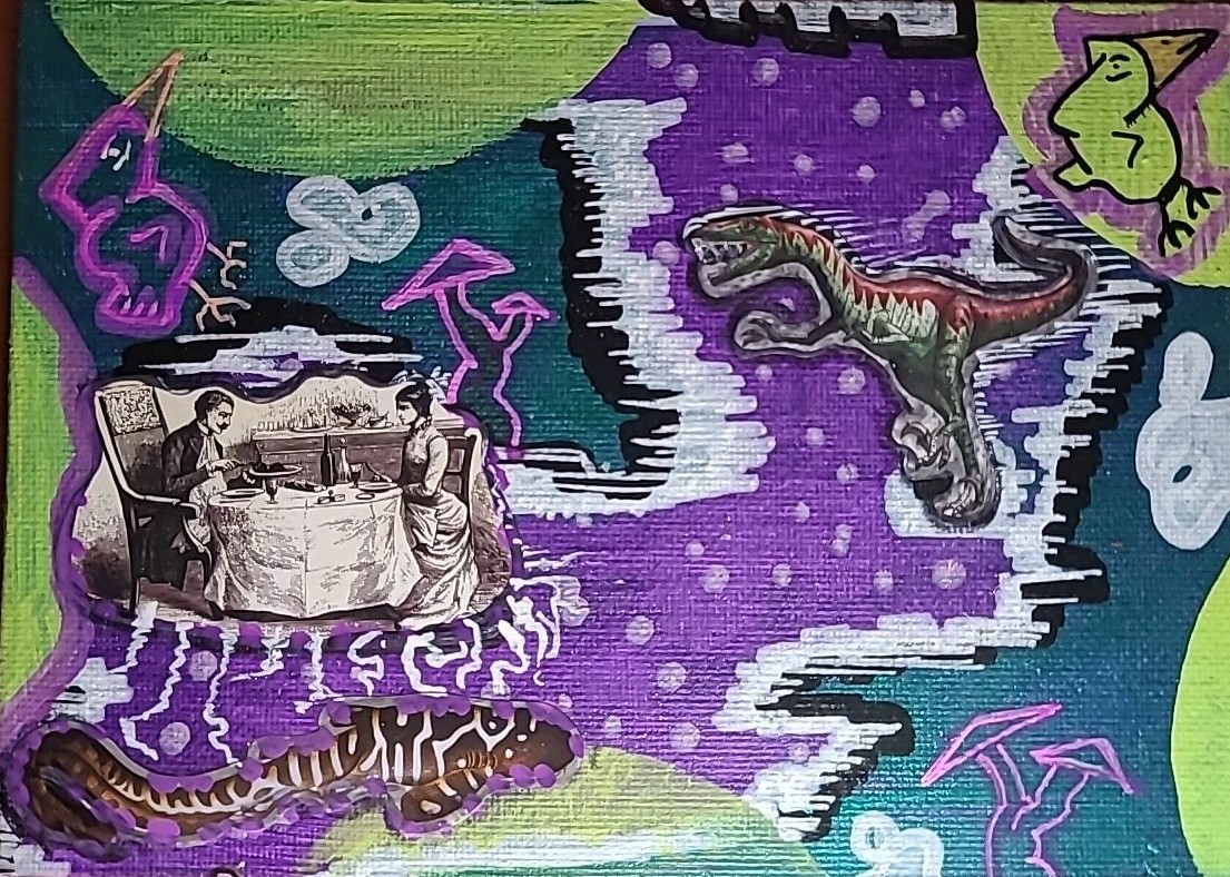 Original Painting Bad Dinner Trip Mushrooms Dinosaur Eat Food Eels Cartoon Birds