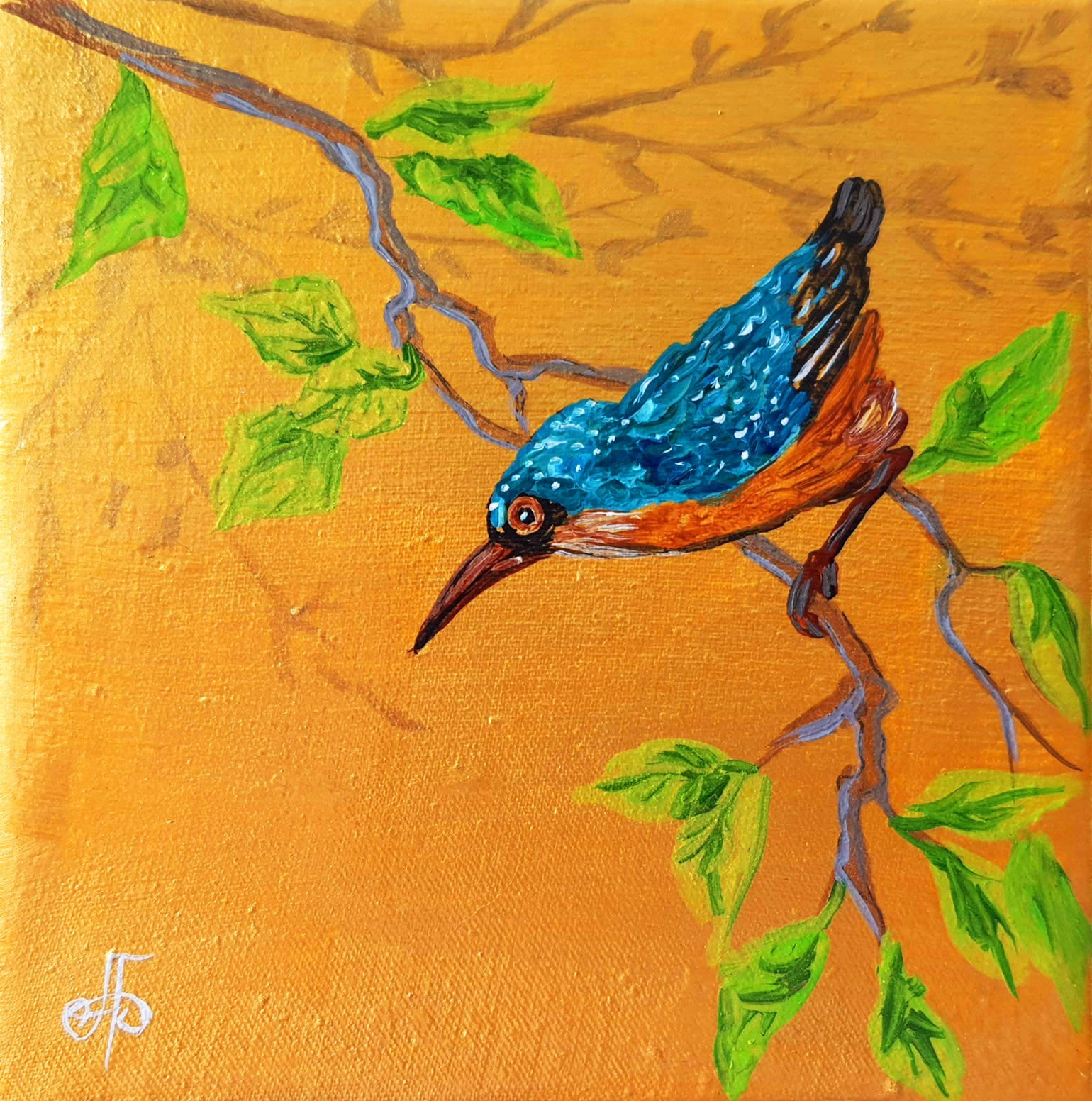 Ukrainian Artist Acrylic Painting Colorful Bird Branch Wall Art Home Decor Gift