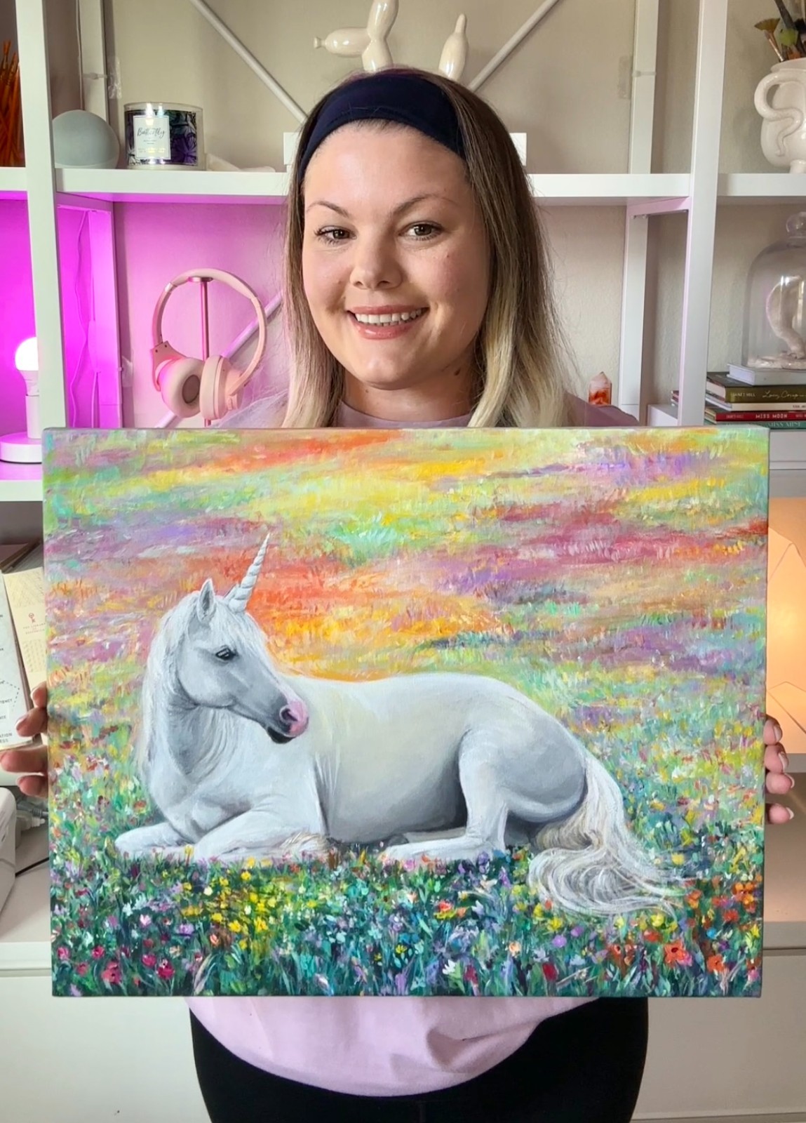 Original Painting, Unicorn Fantasy Horse Art, Rainbow Garden, Canvas 16x20in