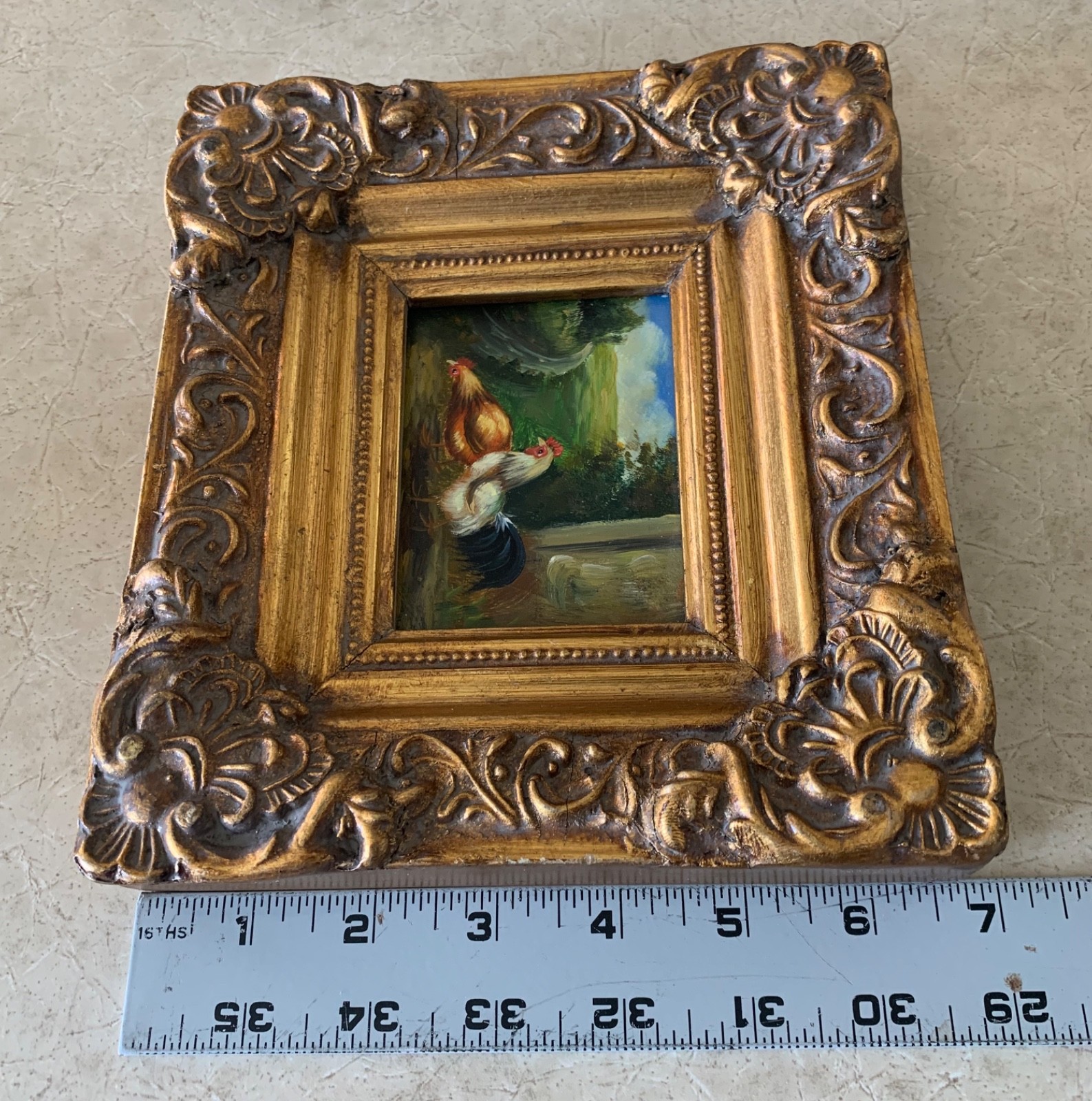 Vint Miniature Original Rooster & Hen Oil Painting Baroque Gold Frame