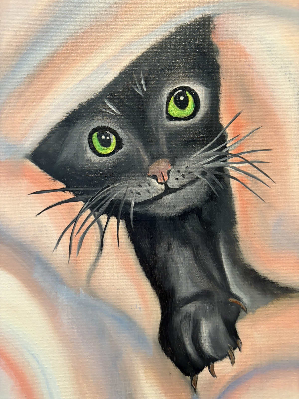 Original oil painting 11 x 14 inch black cat in blanket signed canvas- free ship