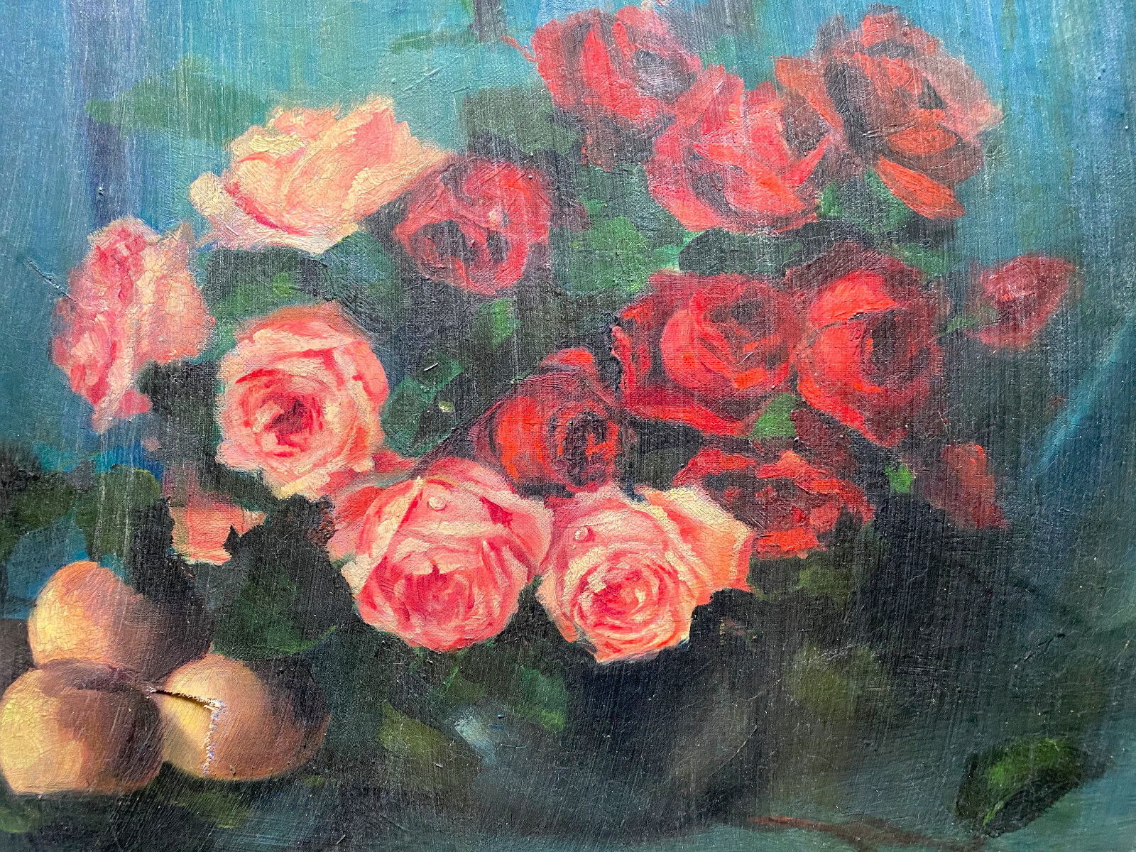 Oil Painting Still Life Red & Pink Roses and Peaches in Bowl