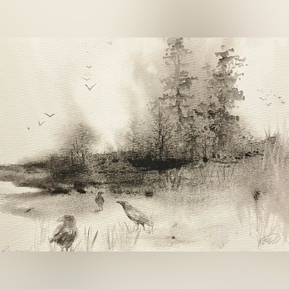 Original Ravens Watercolor Painting Crow Art Forest Landscape Misty Artwork USA