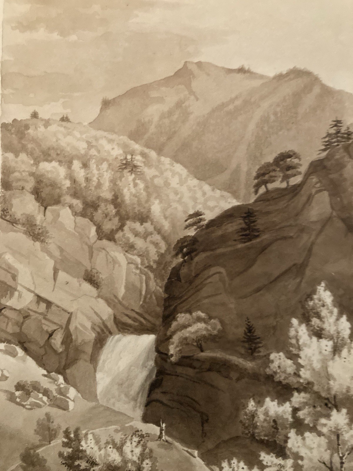 Very Nice Drawing Xixth 1830 Ink Lavis Painting Swiss? Cascade Antique Alps