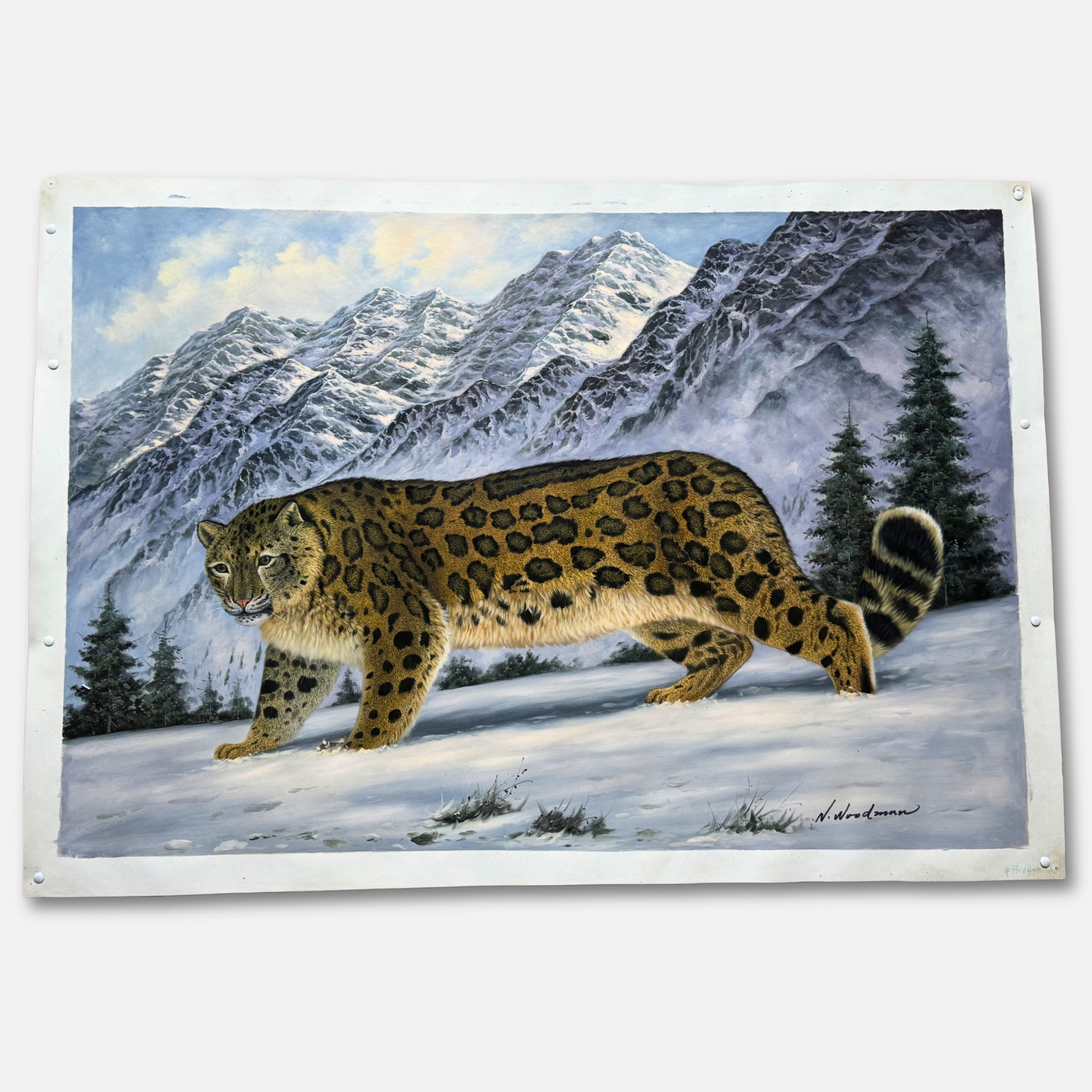Large Snow Leopard Wildlife Oil Canvas Painting Mountain Landscape Art