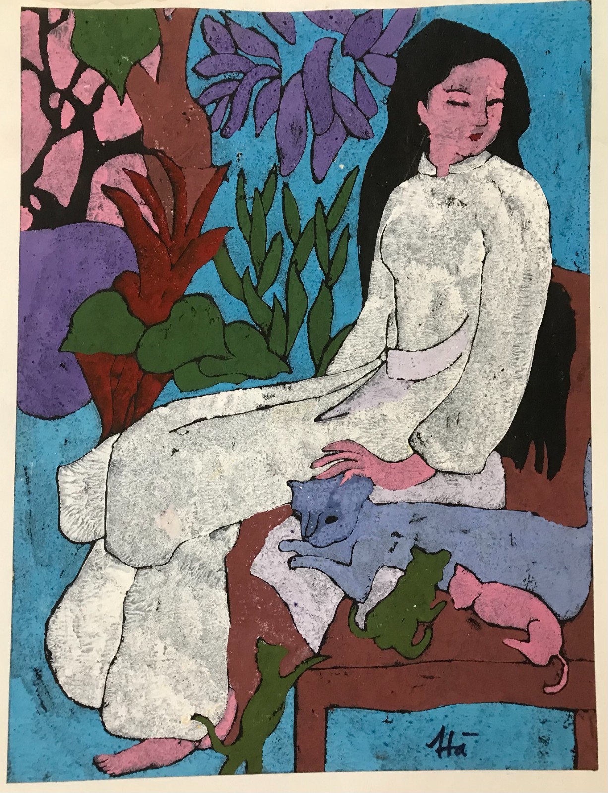 Ha SAFE HAVEN lithograph painting on paper 25x34cm Hanoi Vietnamese artist