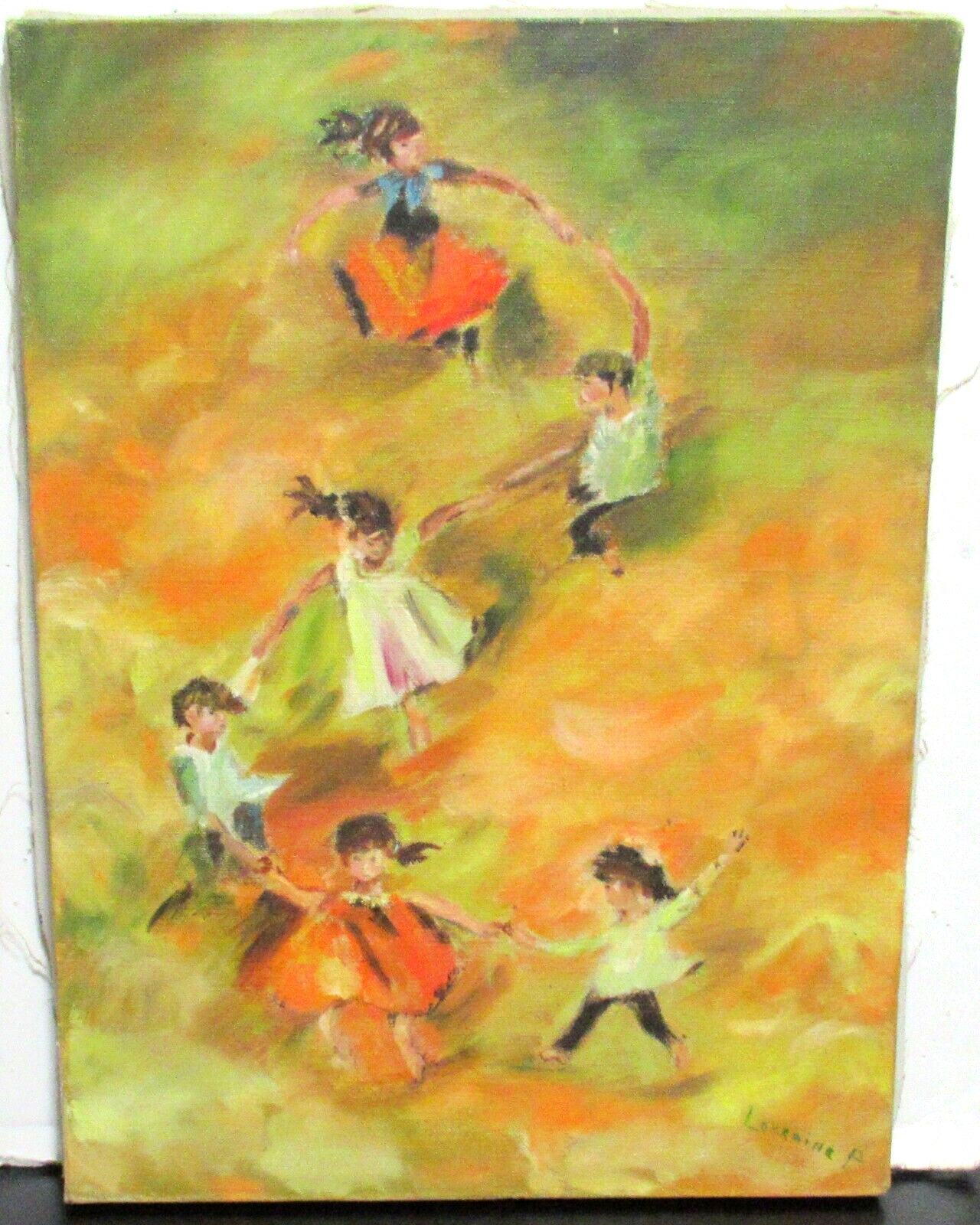 LORRAINE P. CHILDREN PLAYING IN A FIELD ORIGINAL OIL ON CANVAS PAINTING UNFRAMED
