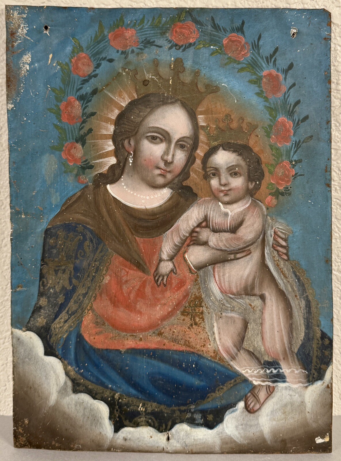 19th C. Antique Colonial Oil Painting Virgin Mary Refugio Christ Retablo Mexican