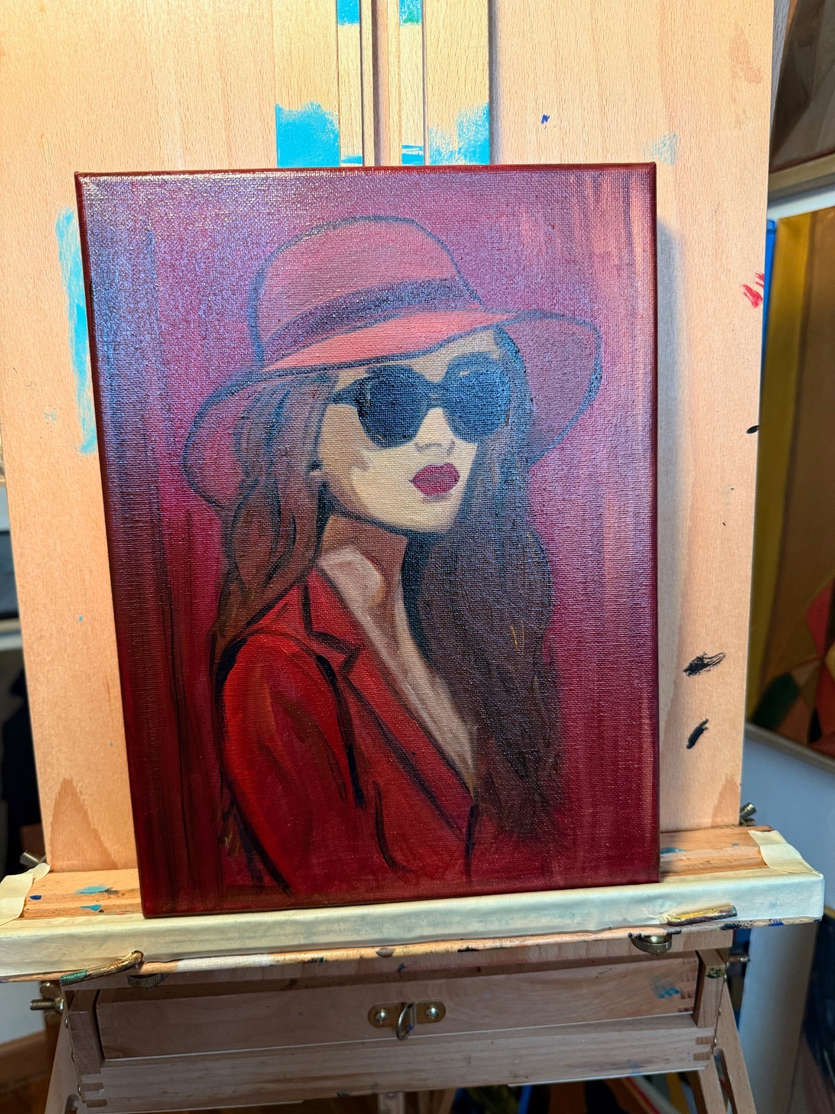 Original Oil Painting 9×12 – Fashion Portrait Woman in Red Hat & Sunglasses