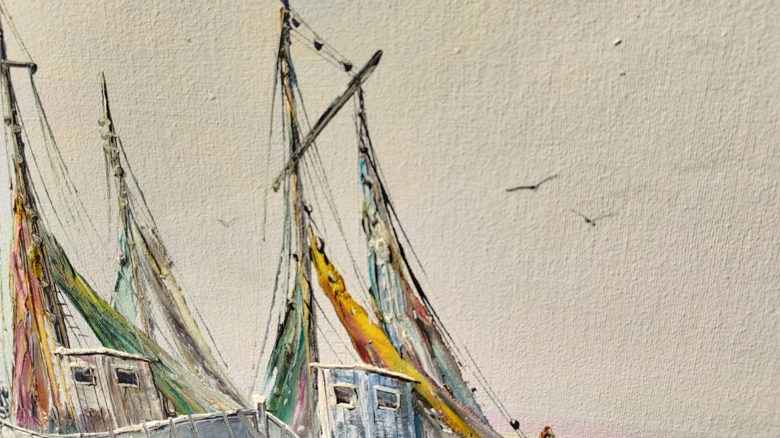 Huge John Luini New England Harbor Fishing Boat Vtg Canvas Oil Painting 52″x29″