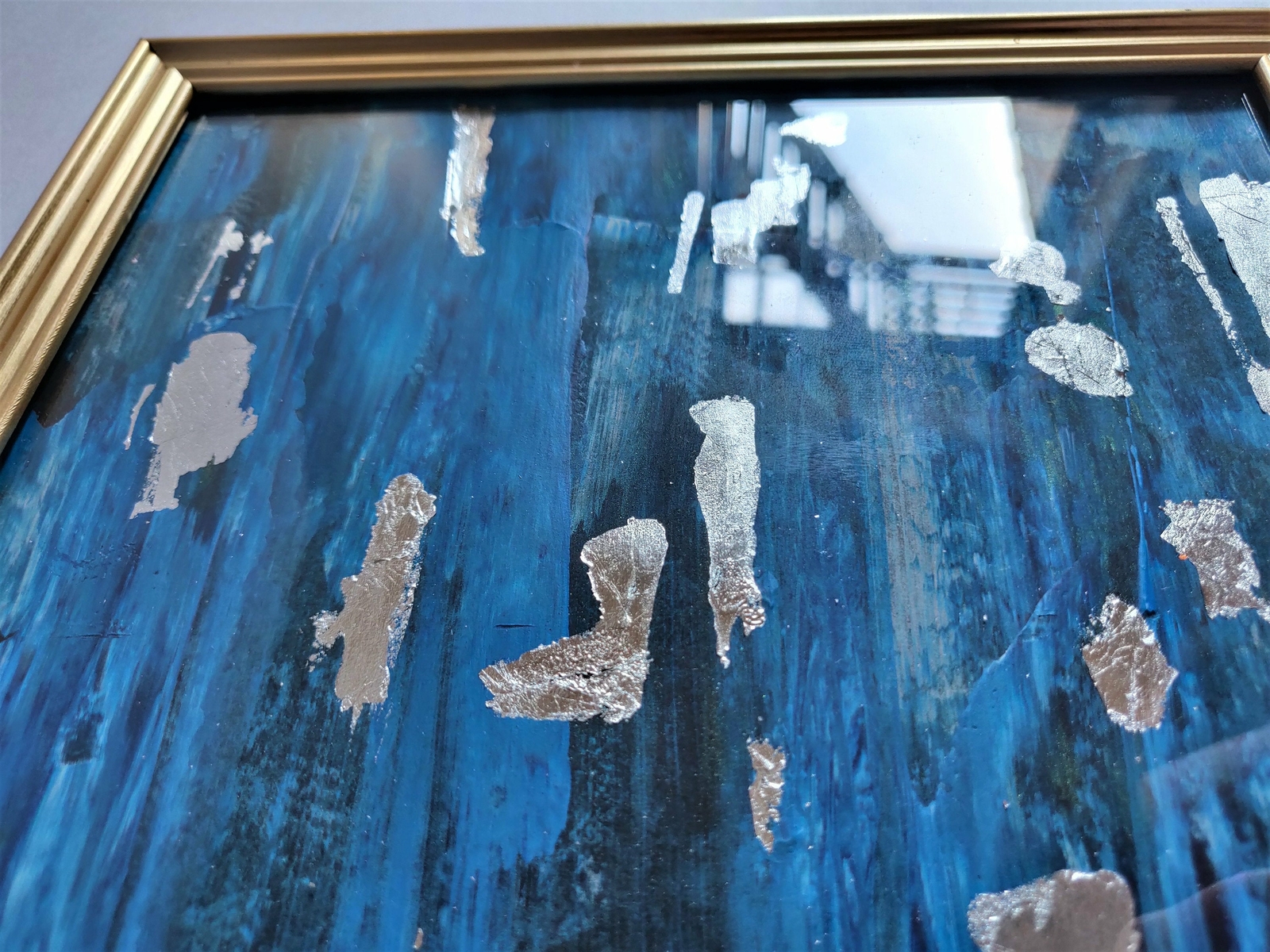 FROSTED – Sterling – abstract expressionist acrylic and silver leaf framed 8×10