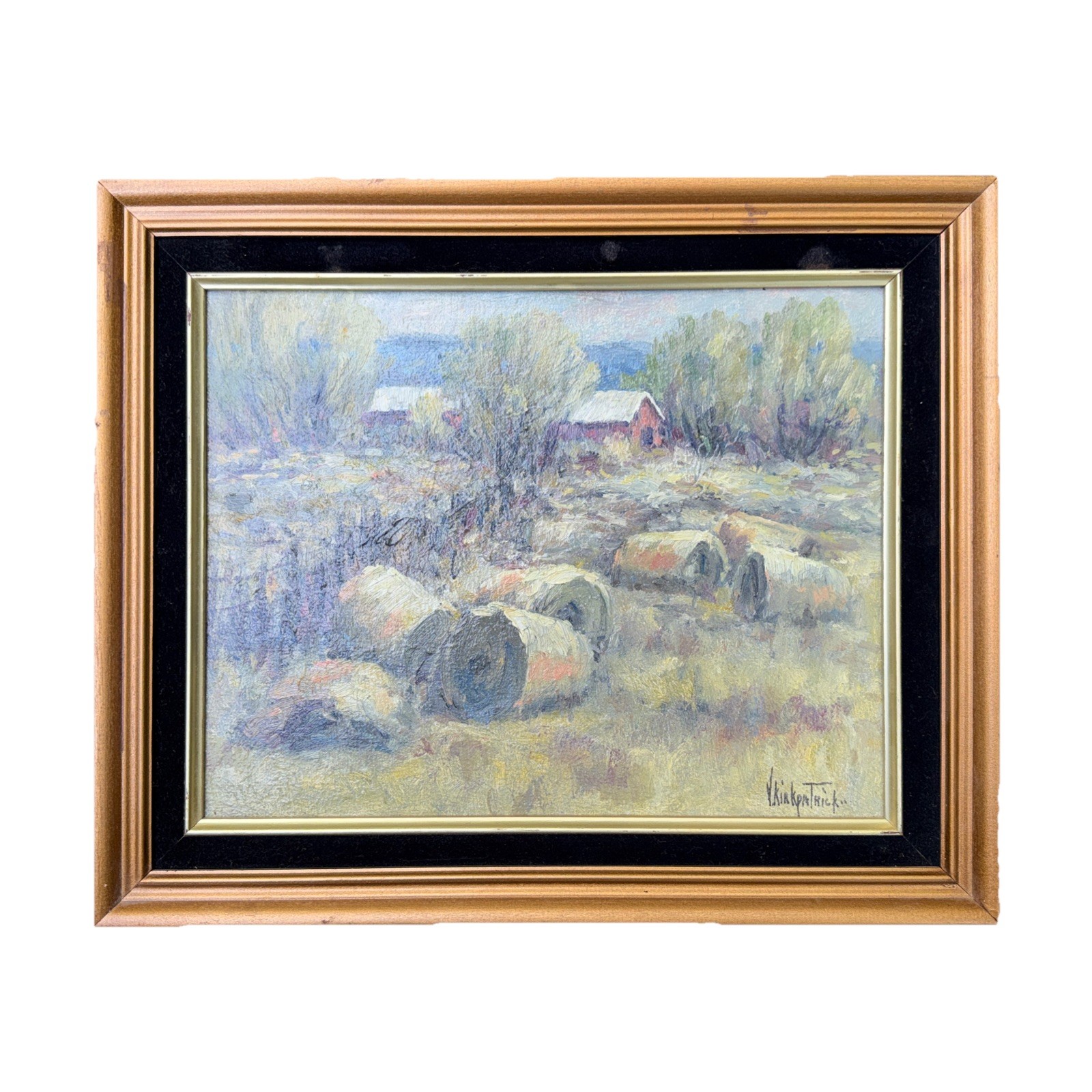VIRGINIA KIRKPATRICK TULSA ARTIST OIL BOARD PAINTING “CLOUDY DAY-ROLLS OF HAY”