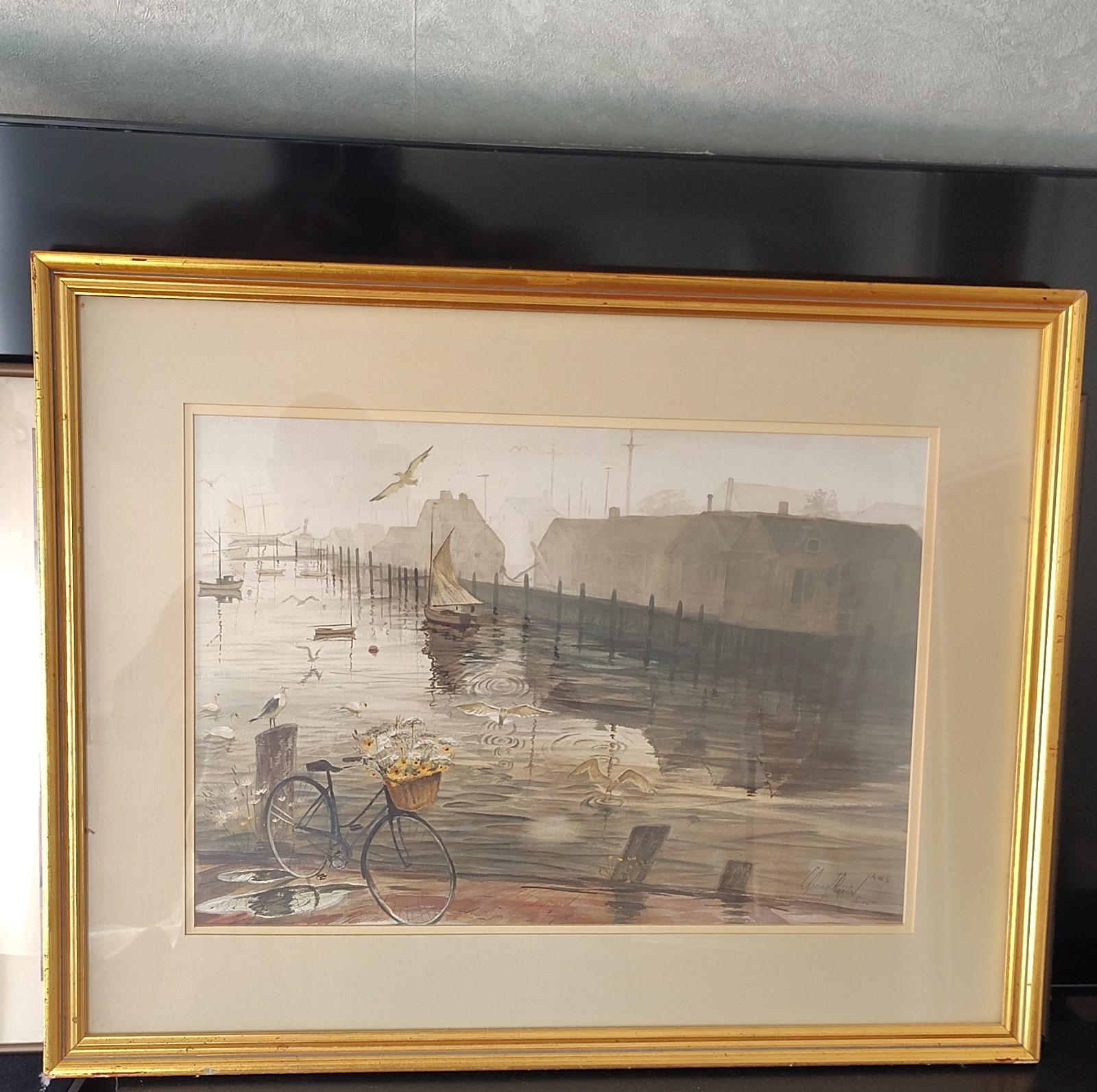 Robert Perrin Framed Signed Watercolor Seascape Painting with Bicycle, 1984