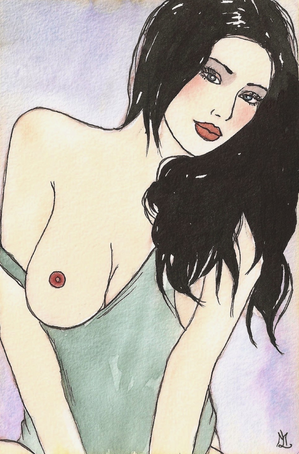 NUDE Erotic Ink Watercolor Original Drawing 10×15