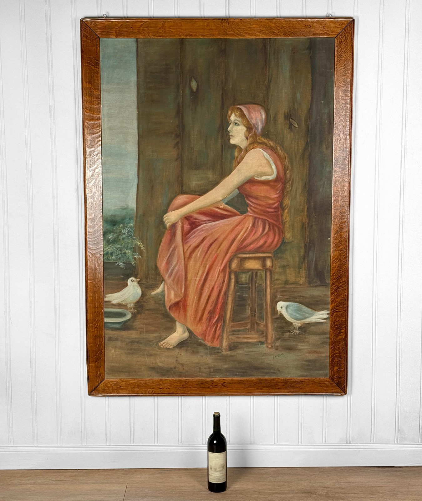 Antique Realism «Women in Pink Dress w/ Forest Doves» Oil on Canvas Painting