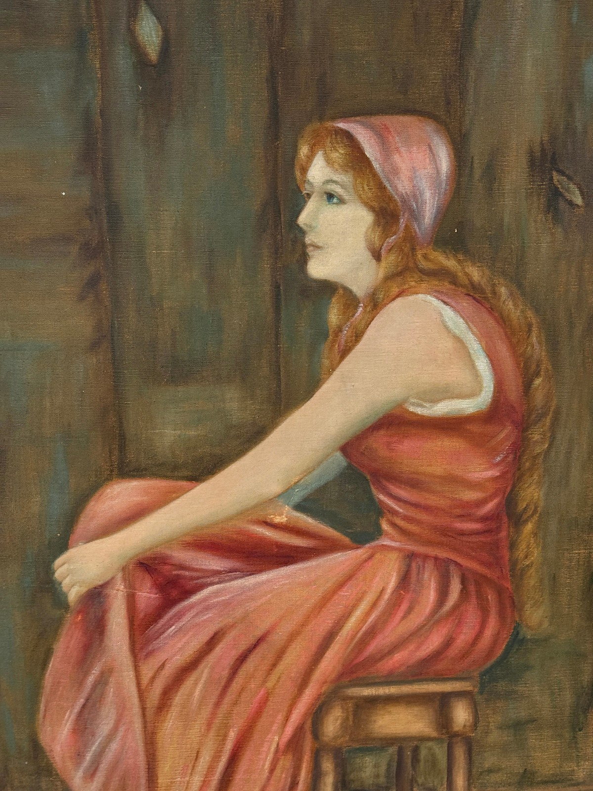 Antique Realism «Women in Pink Dress w/ Forest Doves» Oil on Canvas Painting