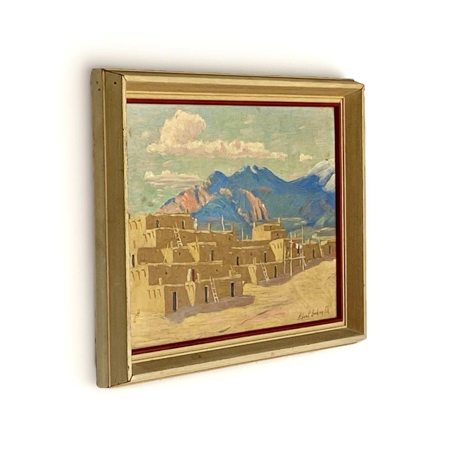 Orig Albert Looking Elk (Martinez) Oil Painting, Taos Pueblo, Framed 14″ x 10″