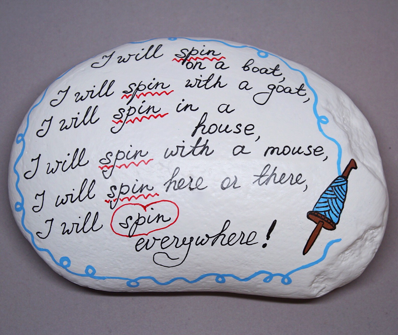 CLEARANCE: Large Hand Painted Rock Spinning Yarn Seuss Poem Spindle Fiber Art