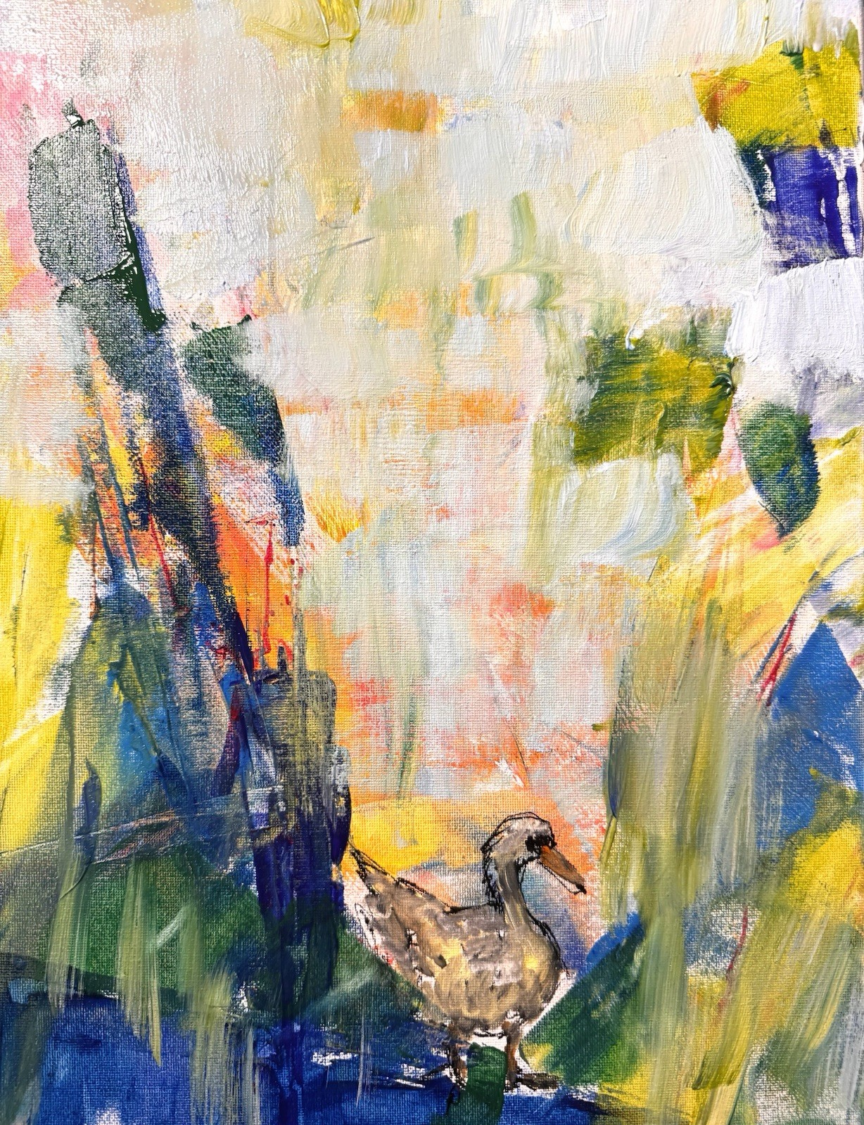 Original Abstract Expressionism 12×16 Duck Pond Handmade Signed Bright Art 481