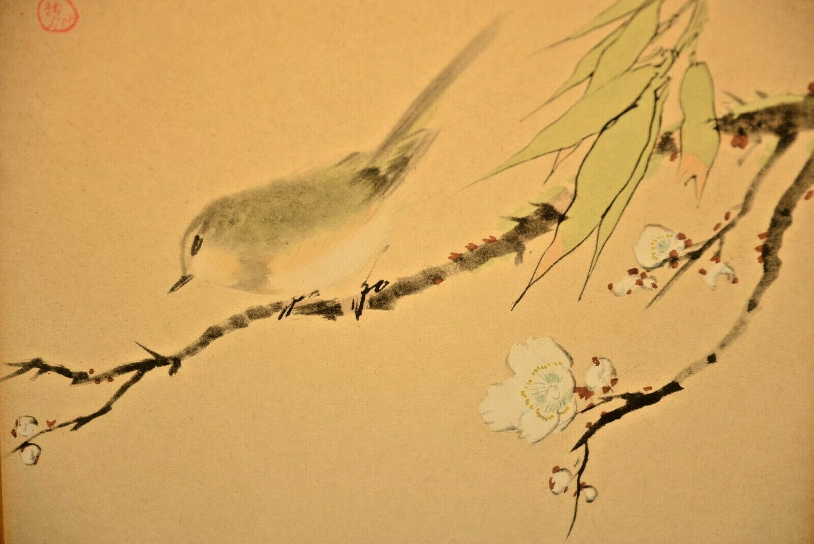 Antique Original Vintage Signed Chinese Floral Bird Portrait Watercolor Painting