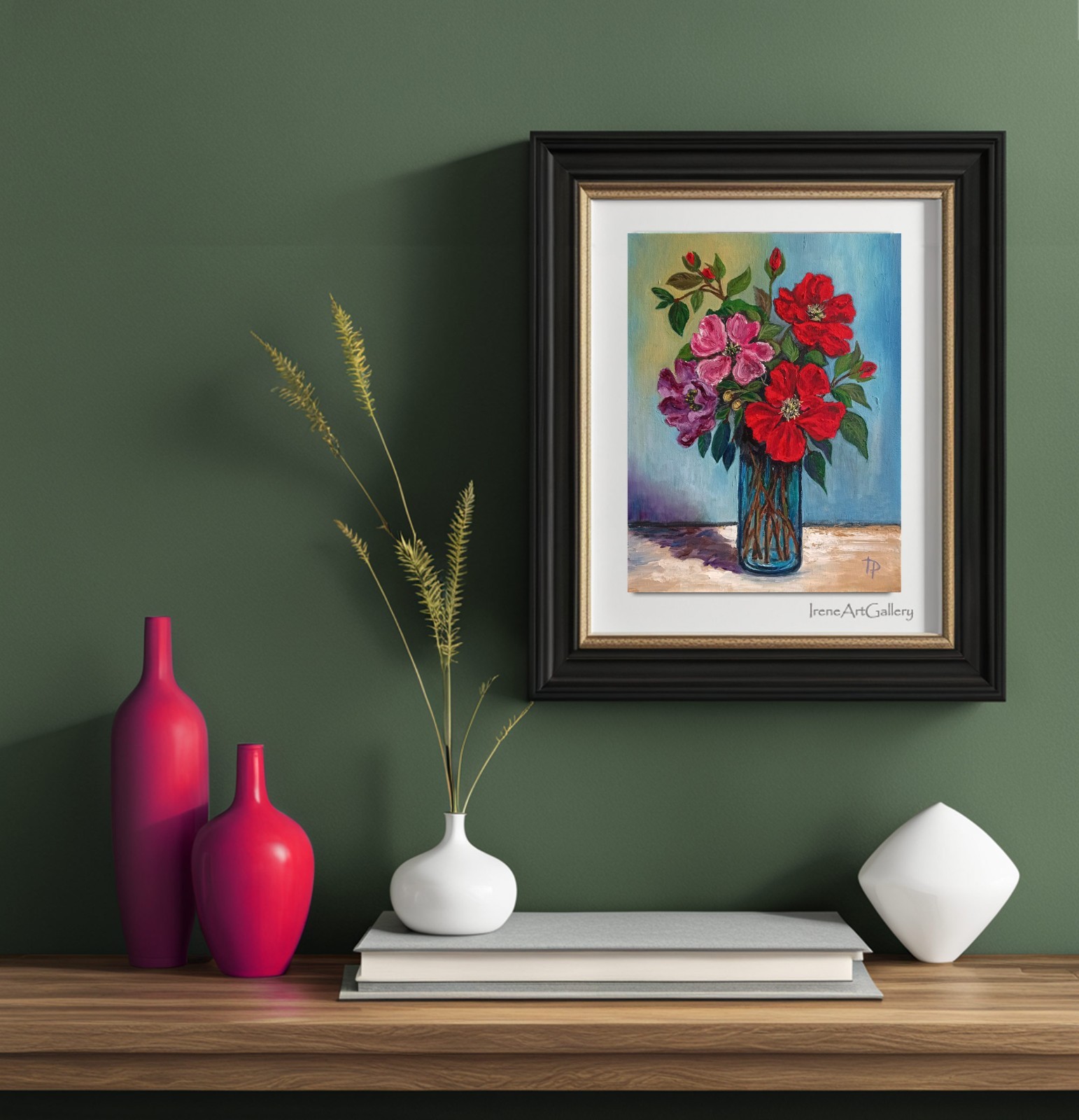 Colorful Floral Artwork Red and Purple Flowers Paintin Original Oil Art 11×14 in