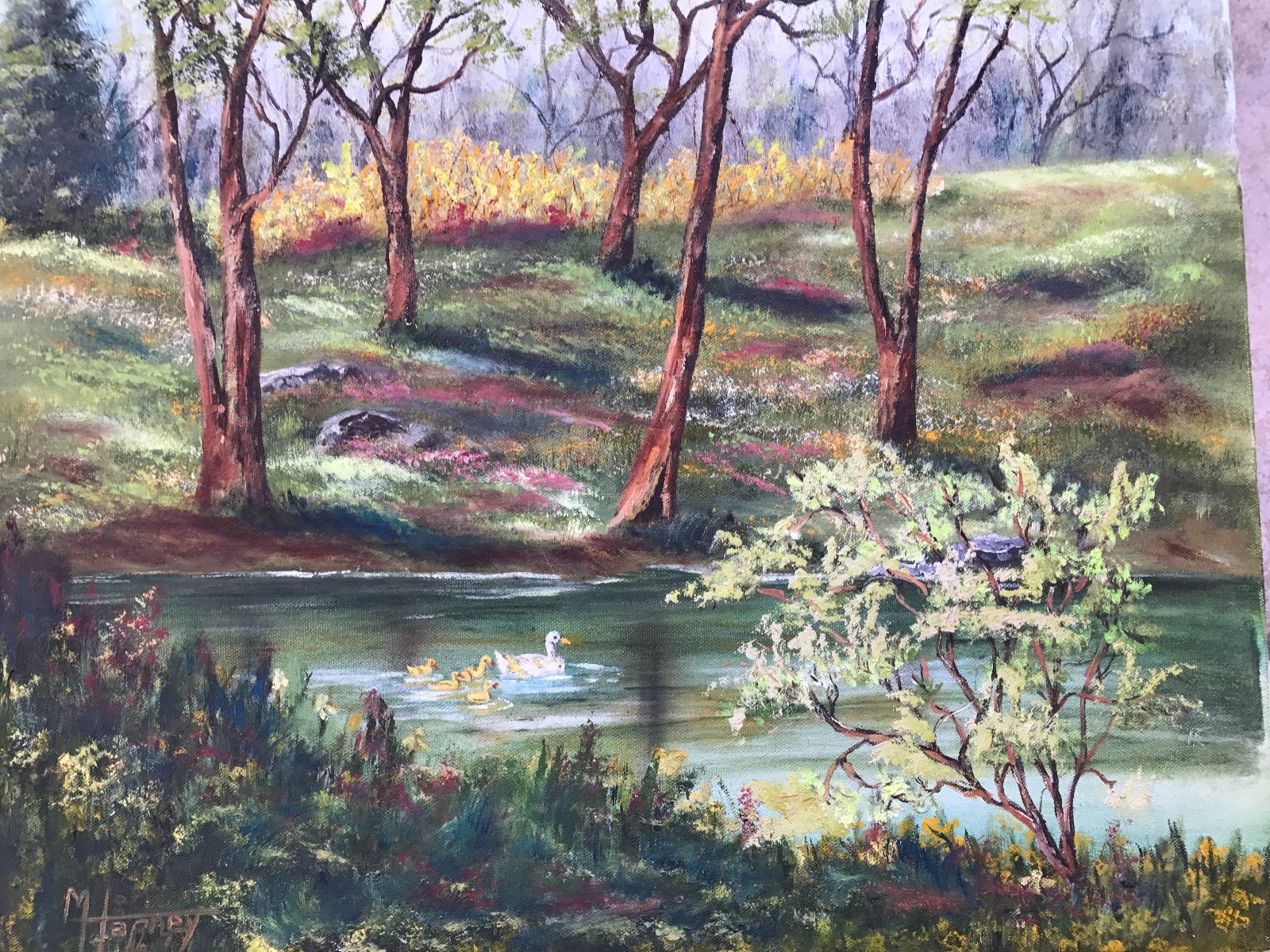M HAPNEY ORIGINAL OIL PAINTING ON CANVAS, DUCKS IN POND 16″ X 20″