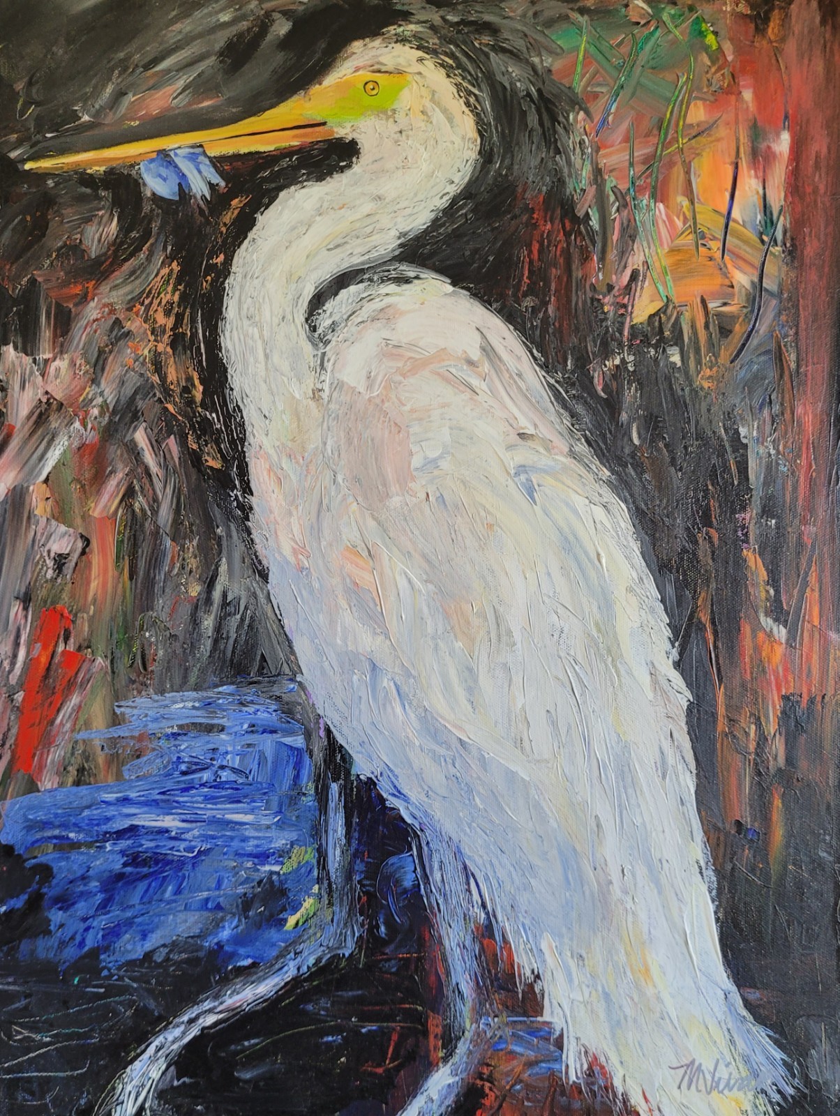 MONA VIVAR Original 24×18 Colorful Egret Expressionism Abstract Art Painting