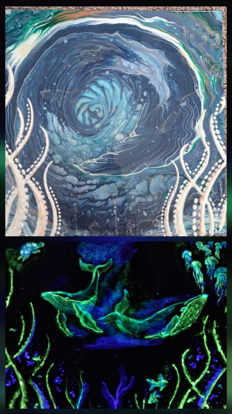 OOAK Abstract Ocean Underwater Whale & Jellyfish ACRYLIC Painting UV GLOW 14X14