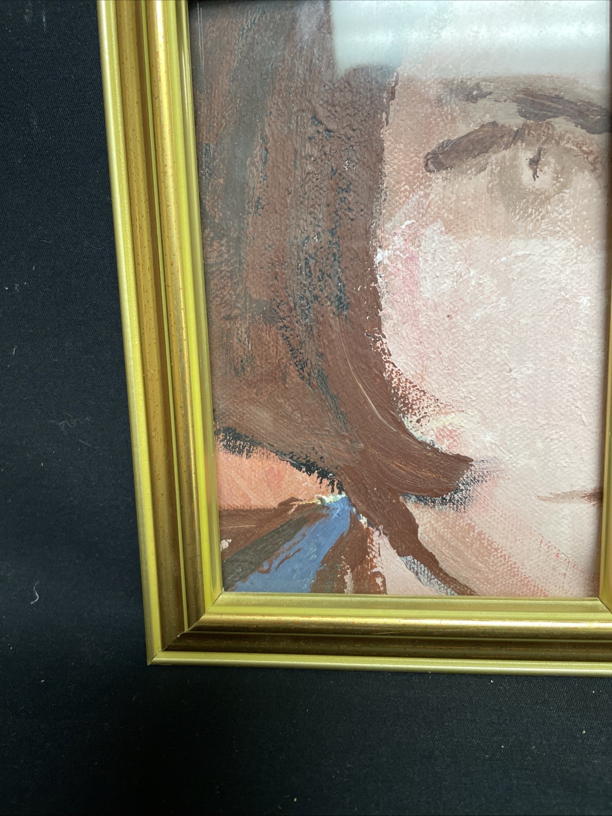 Original Oil On Canvas Art Painting, Partial Face Of A Girl. Framed Under Glass.
