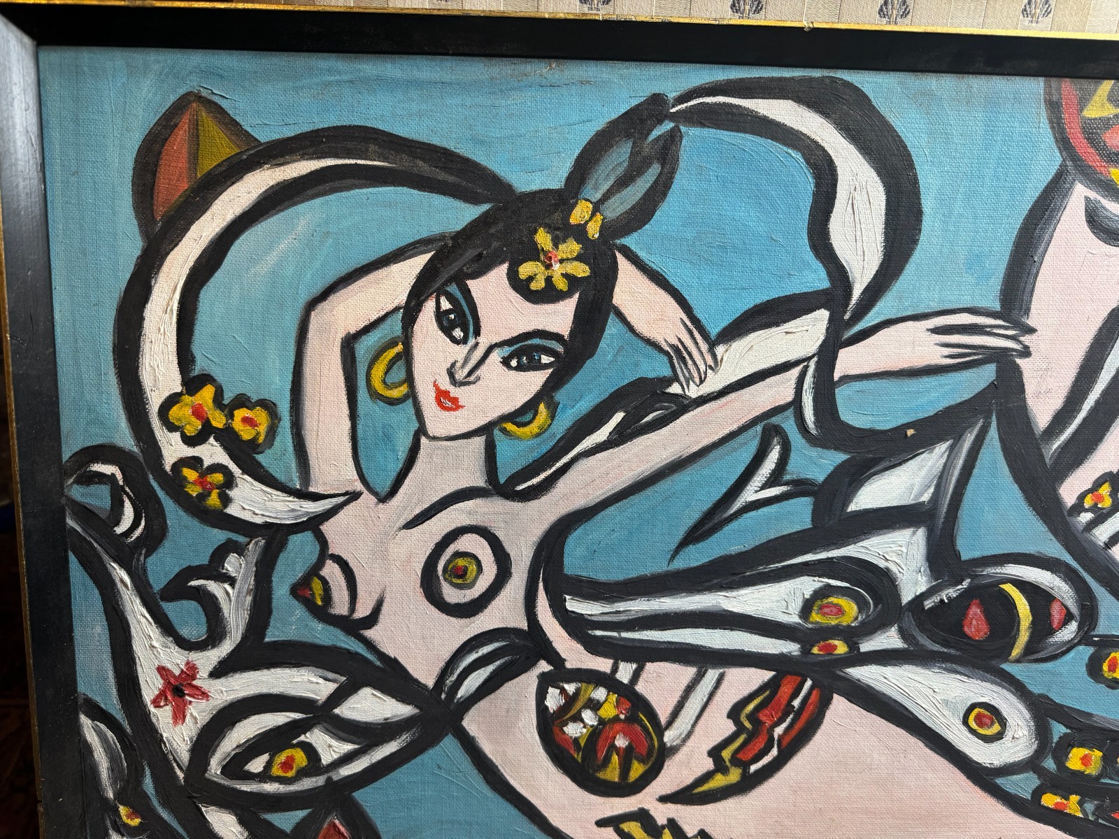Luba Schiff Framed Figural Mermaid Painting on Canvas Signed Folk Modern 24 x 18