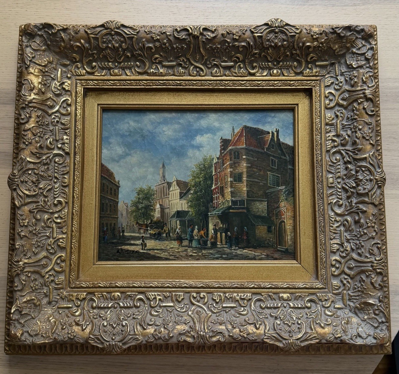 Sita Framed Oil on Canvas City Street Scene Realism Painting Small Signed
