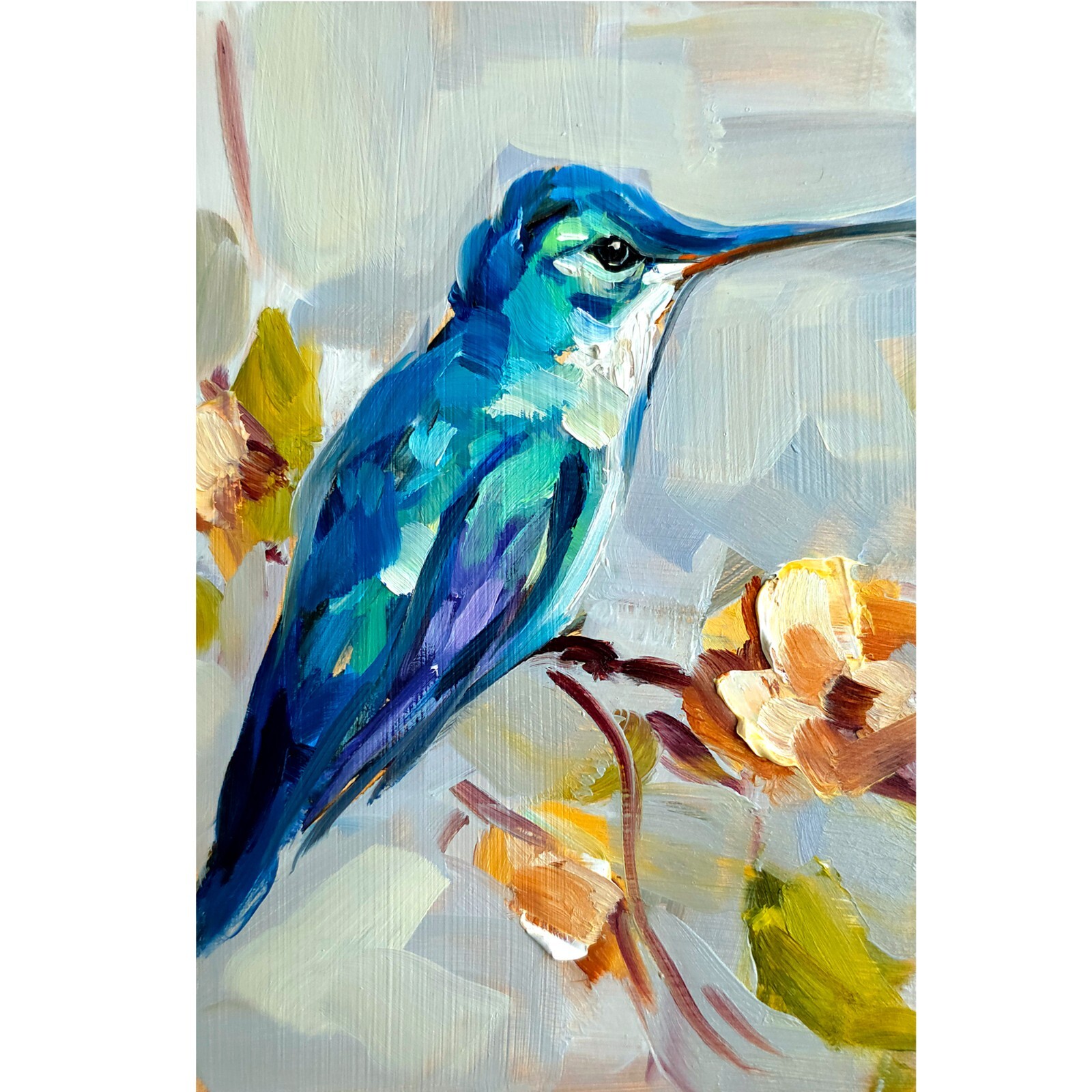 Original Oil Painting Hummingbird Bird Art Floral Branch Wall Decor 4×6″