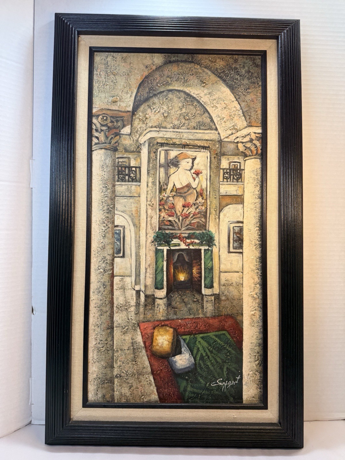 Framed Textured Canvas Painting – Mediterranean Villa Interior – Signed Artwork