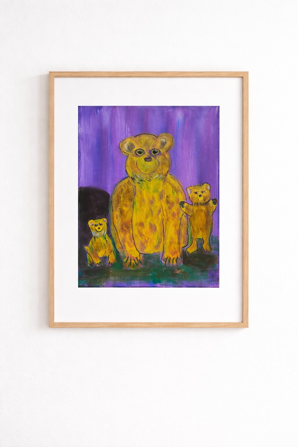 Three Bears Family Acrylic Painting Cabin Nursery Folk Animal Art
