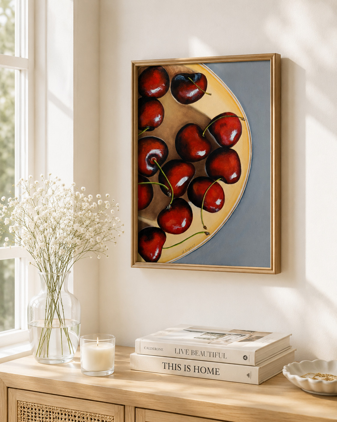Original Oil Painting Red Cherries Still Life Canvas Art Kitchen Wall Decor