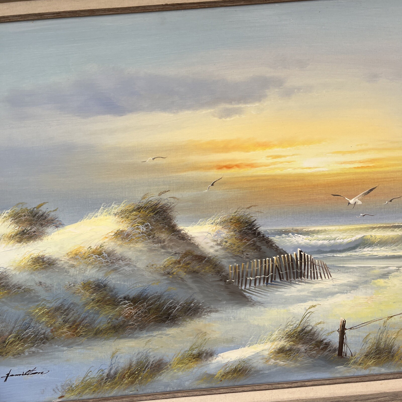 Large Florida Beach Scene, Sofa Painting 31” X 43”, Sea Gulls & Sand. & Signed!