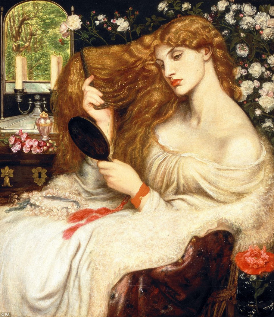 Huge Oil painting Rossetti – Young lady seated holding a mirror – Meditation