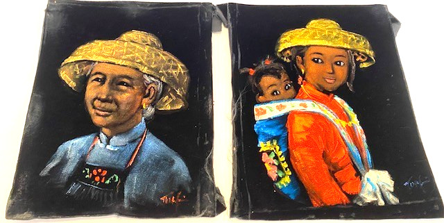 Set-2Vtg. 8″x10″ Oil on Black Velvet Unframed/Signed Paintings Woman/2 Children