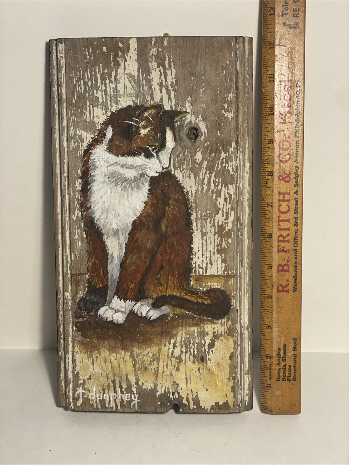 Charming Cat Painting on Rustic Reclaimed Barn Board – Farmhouse Folk Art Signed