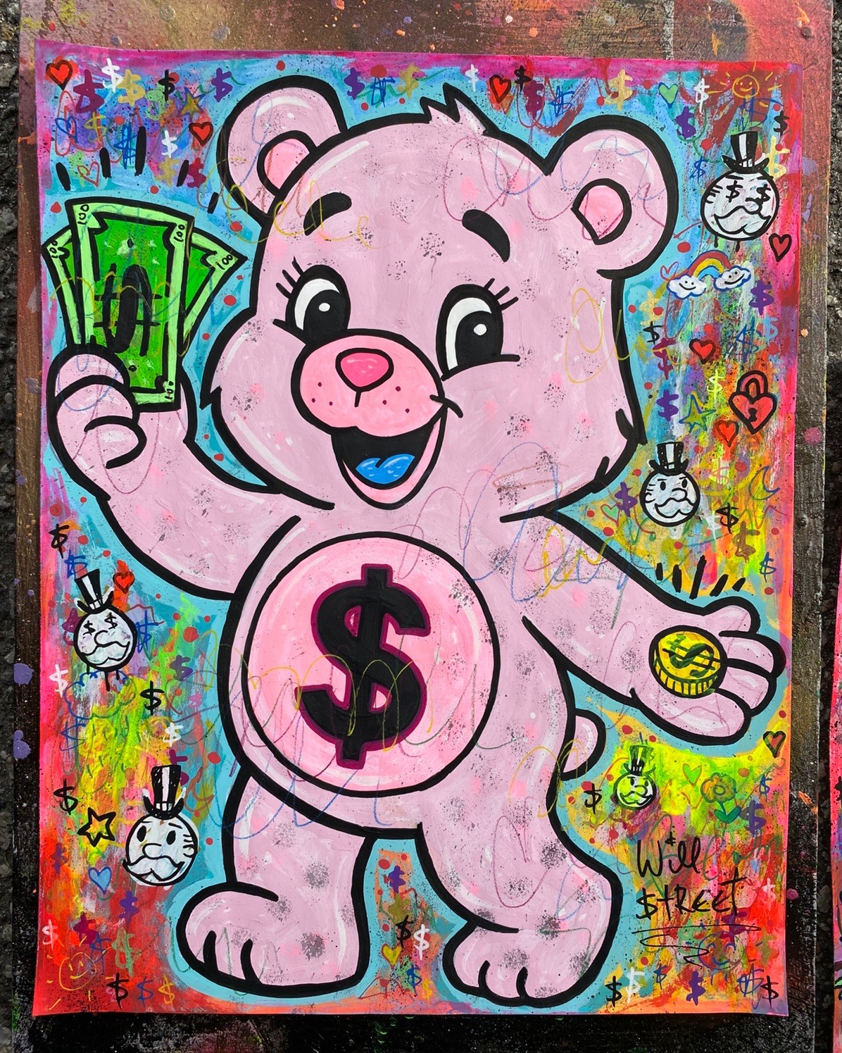 WILL STREET original painting 11×14/ money care bear monopoly banksy alec pop