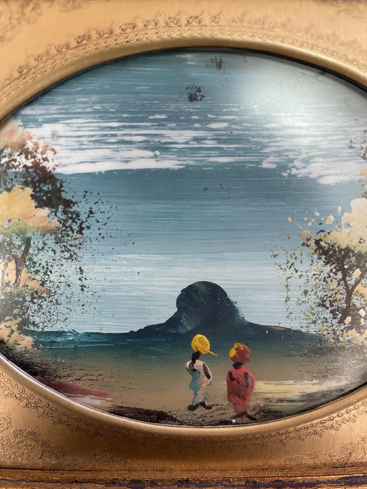 VTG Miniature Hand Painted Landscape 5”x6”in Golden Wood Frame