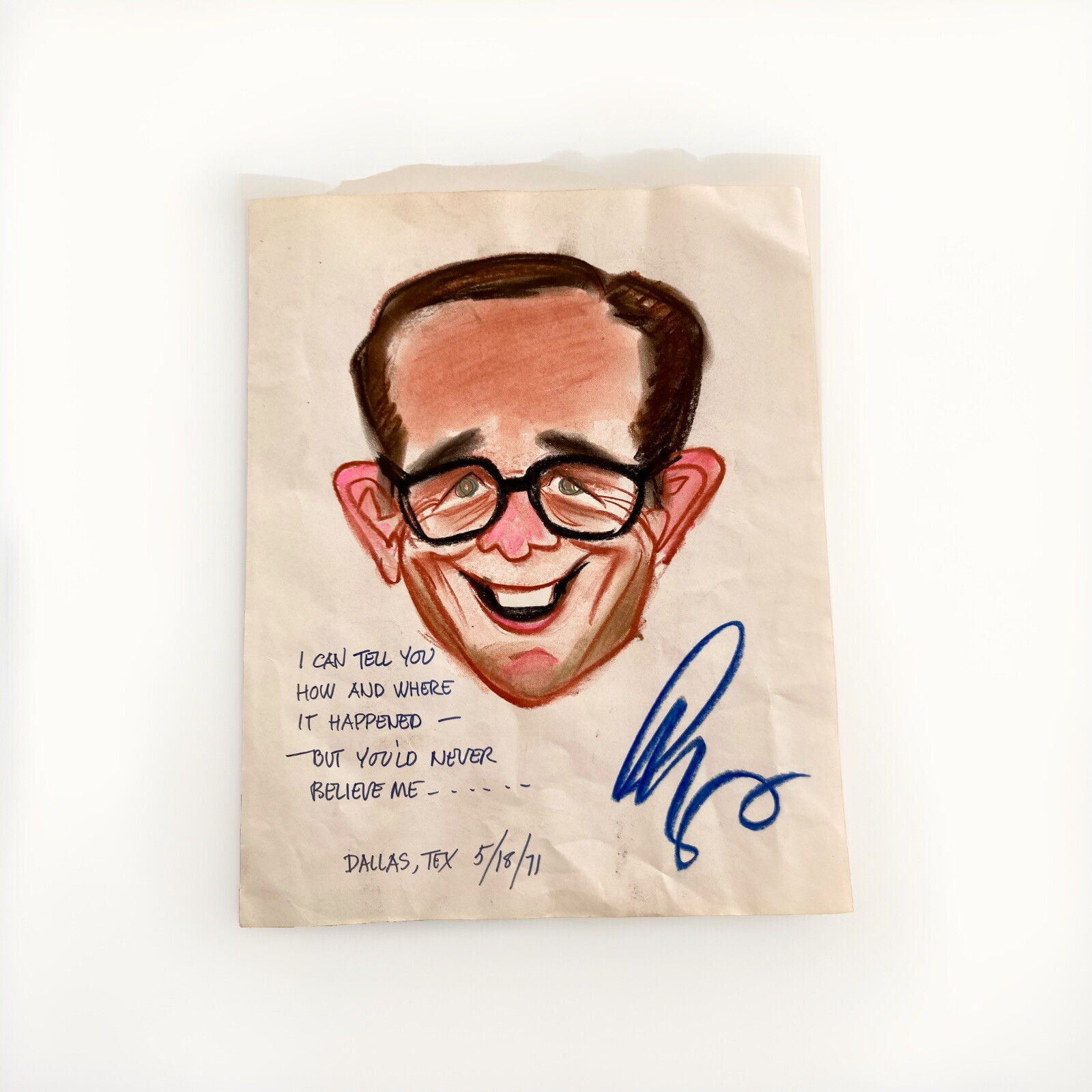 Vintage 1971 Caricature Art Drawing Man Portrait MCM Cartoon Words Dallas Texas
