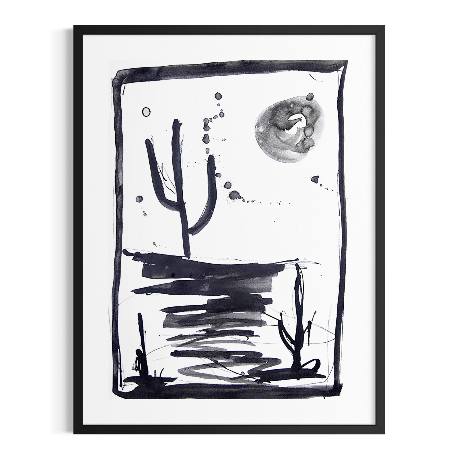 Original Abstract 9×12 Desert Landscape Painting Minimalist Black White Wall Art